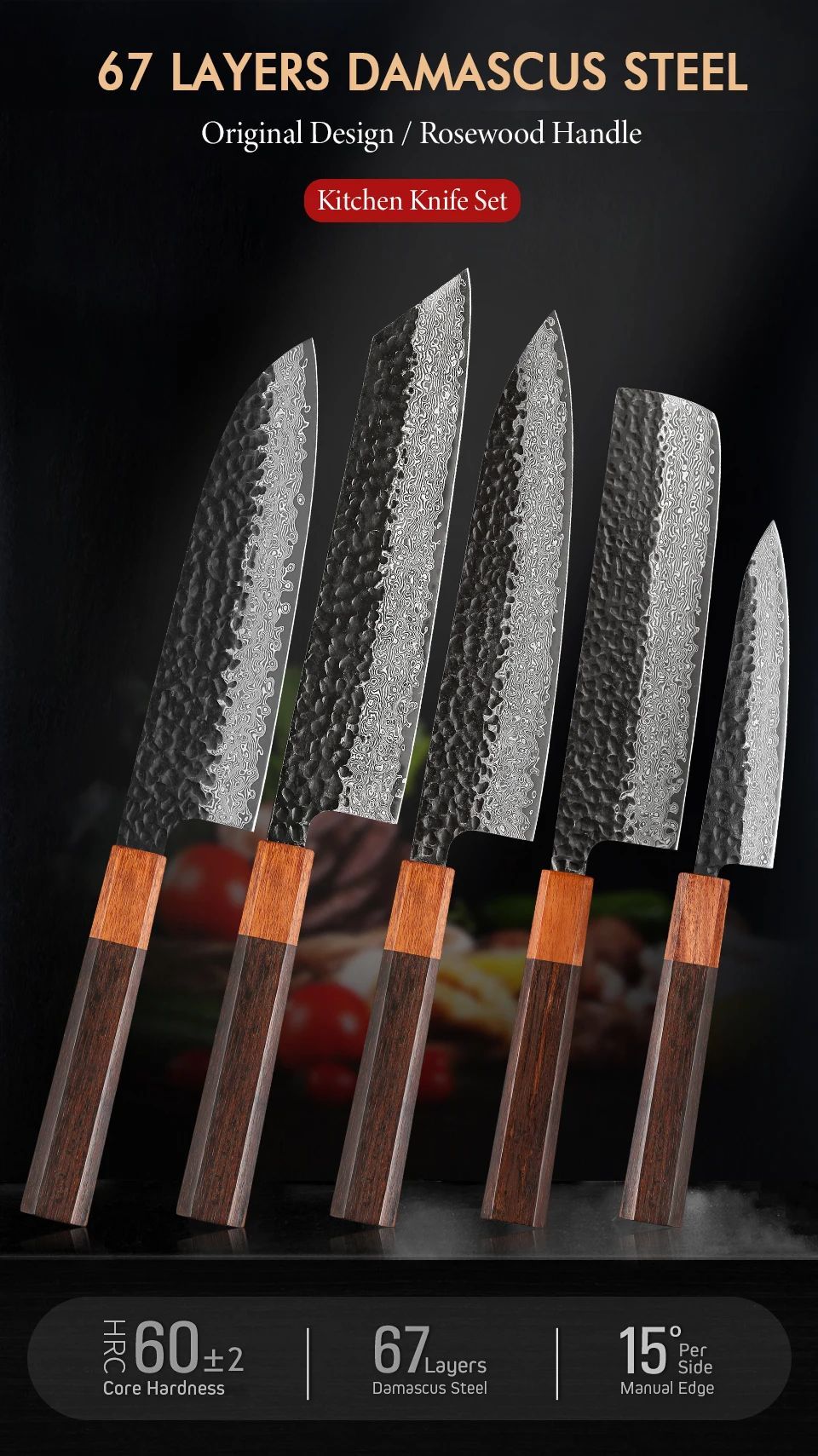 TURWHO 1-5PCS Kitchen Knives Set Hand Forged Damascus Steel Japanese Handmade Chef Knife Cleaver Santoku Utility Cooking Tools