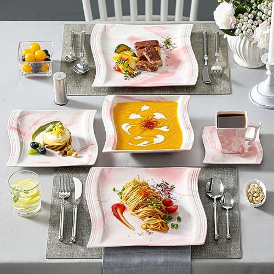 Modern 30Piece Porcelain Dinnerware Set in Pink for 6 People Includes Plates Bowls Cups Saucepans and Square Dishes Elegant Ser