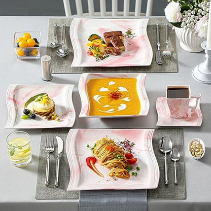 Modern 30Piece Porcelain Dinnerware Set in Pink for 6 People Includes Plates Bowls Cups Saucepans and Square Dishes Elegant Ser