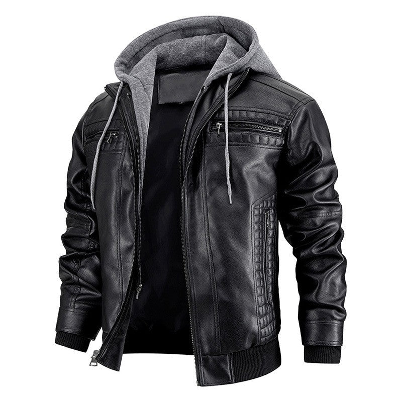 Men's PU Leather Jacket Hooded Motorcycle Slim Fit Casual Coats Men Autumn Winter Windproof Hat Detachable Biker Leather Outwear