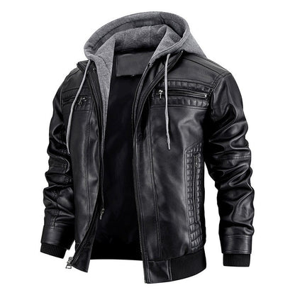 Men's PU Leather Jacket Hooded Motorcycle Slim Fit Casual Coats Men Autumn Winter Windproof Hat Detachable Biker Leather Outwear