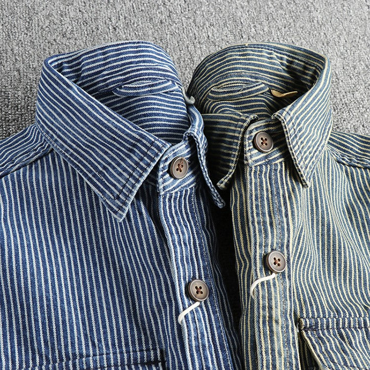 Autumn New American Retro Long Sleeved Lapel Denim Striped Cargo Shirt Men's Simple 100% Cotton Washed Old Casual Blouses Coat
