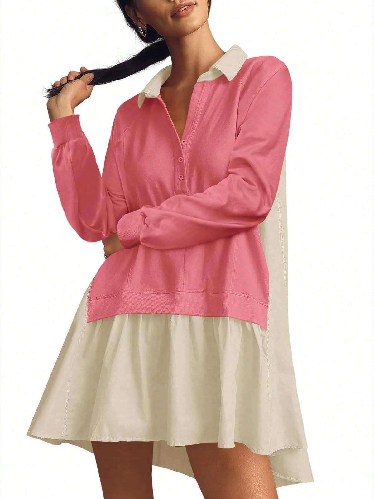 Fisoew Womens Grunge Aesthetic Dress Long Sleeve V Neck Oversized Pullover Loose Fit Mini Tennis Dress Y2K Style