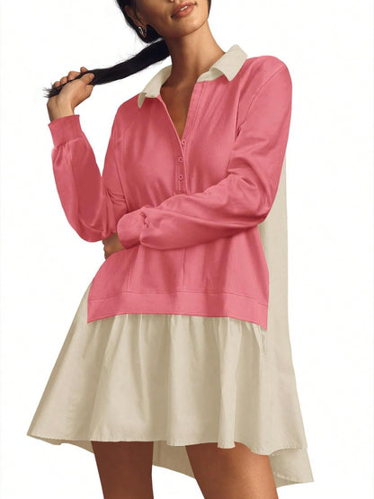 Fisoew Womens Grunge Aesthetic Dress Long Sleeve V Neck Oversized Pullover Loose Fit Mini Tennis Dress Y2K Style