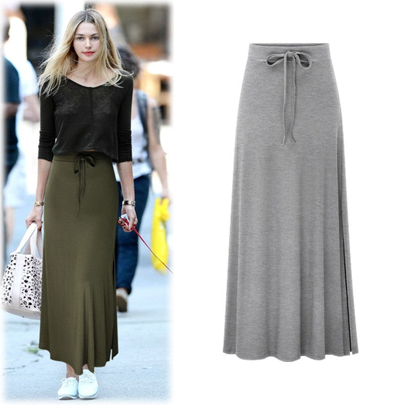 Plus size women's fashionable knitted half skirt high waist slit A-line skirt high stretch ankle length mid length skirt