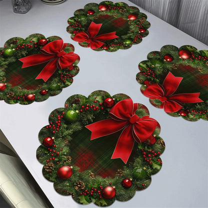 4PCS Christmas Circular Waves Placemats Non Slip Heat Resistant Table Mats Winter Dining Party Christmas Decor Round Tablecloth