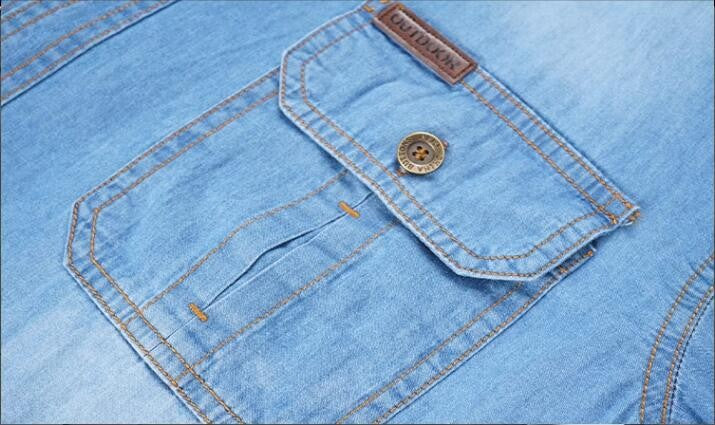 New Spring Men Outdoor Multi-pocket Denim Tooling Shirts Man Long-sleeved Denim