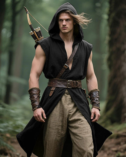 Men's Medieval Hooded Surcoat Renaissance Tabard Sleeveless Tunic Cloak Viking Costume Holloween Assassin Cosplay