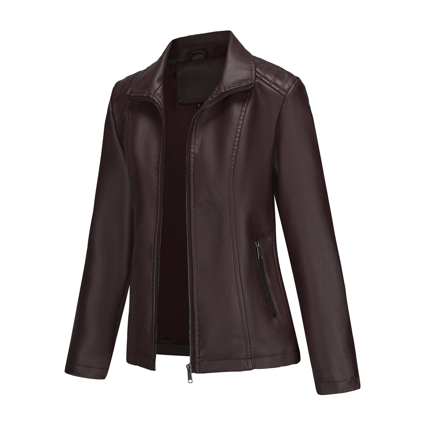 2025 Women’s Stylish Brown Faux Leather Jacket - Slim Fit, Trendy Moto Style with Zipper Detail PU Coat.