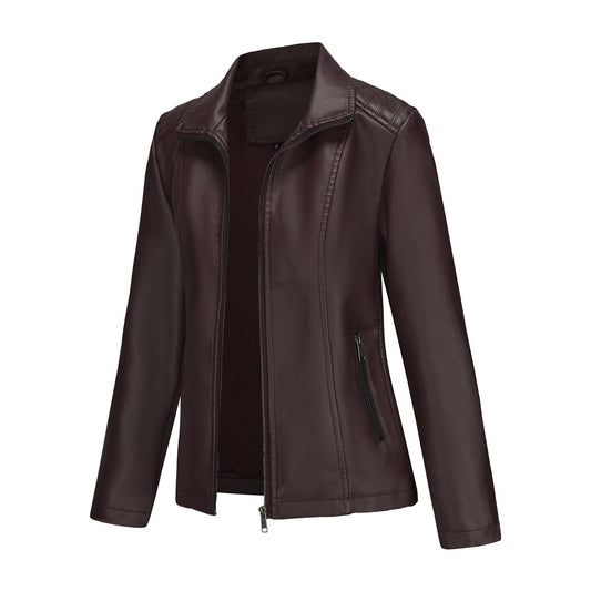 2025 Women’s Stylish Brown Faux Leather Jacket - Slim Fit, Trendy Moto Style with Zipper Detail PU Coat.