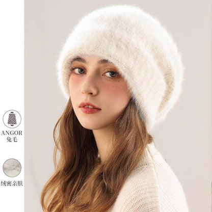 Angora Rabbit Fur Beanies Women's Warm Fluffy Knitted Slouchy Beanie Hat Female Soft Oversize Thermal Hats Autumn Winter