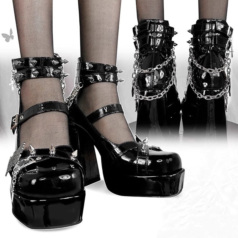 Punk Gothic High Heels Pumps Women 2025 Patent Leather Black Lolita Shoes Woman Y2K Ankle Straps Thick Heeled Mary Jane Shoes
