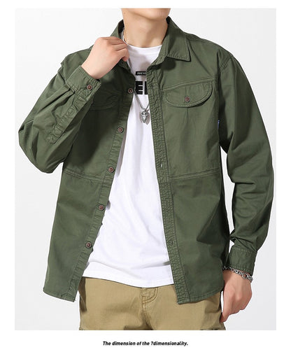 Men Slim Fit Turn-Down Collar Loose Cargo Shrit Spring Autumn Casual Wash Cotton Safari Style Jacket with Multiple Pockets Coat