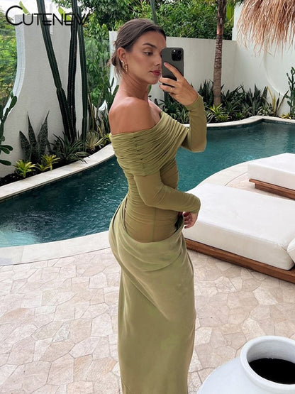 Cutenew Mesh Ruched Women Maxi Dress Sexy See Through Off Shoulder Long Sleeve S