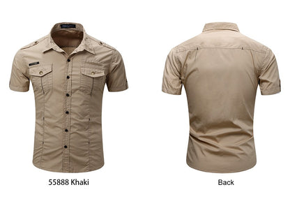 2022 New Arrive Mens Cargo Shirt Men Casual Shirt Solid Short Sleeve Shirts Multi Pocket Work Shirt Plus Size 100% Cotton