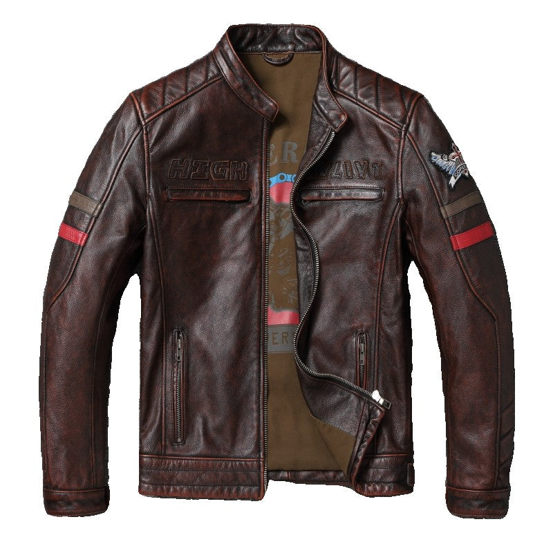 Fashionable Men's Motor Jacket Genuine Cow Leather Coat Male Outerwear Windbreaker Spring Autumn Cloth with Epaulet Brown