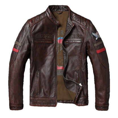 Fashionable Men's Motor Jacket Genuine Cow Leather Coat Male Outerwear Windbreaker Spring Autumn Cloth with Epaulet Brown