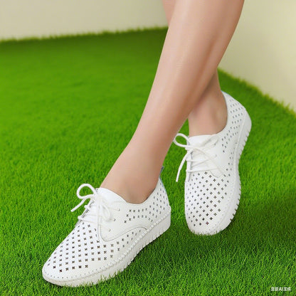 Genuine Leather ladies flats sneakers shoe Women casual loafers shoes female Hollow moccasins White Lace up canvas Boat shoes