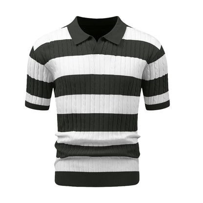 Men's Polo Short Sleeve Retro Knit Lapel Striped Short Sleeve Fashion Popular Knitwear Casual Breathable Top US Size