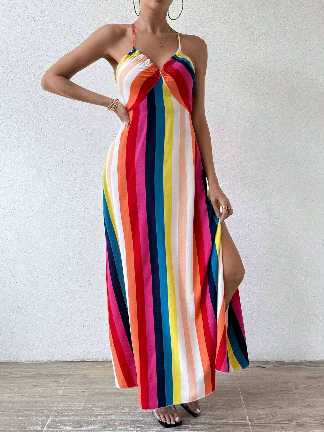 Women's Summer Ethnic Pattern Backless Split Thigh Dress Ladies Summer Clothes Boho Fashion Frill Trim Long Dress for Beach