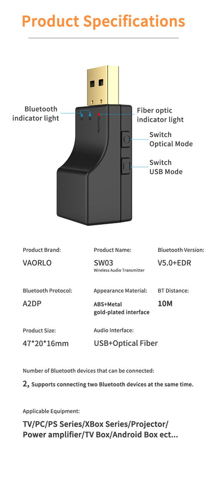 Transmissor de áudio sem fio Bluetooth óptico USB 2 em 1 Adaptador de transmissor de áudio de baixa latência para TV PC Adaptador de áudio sem fio USB