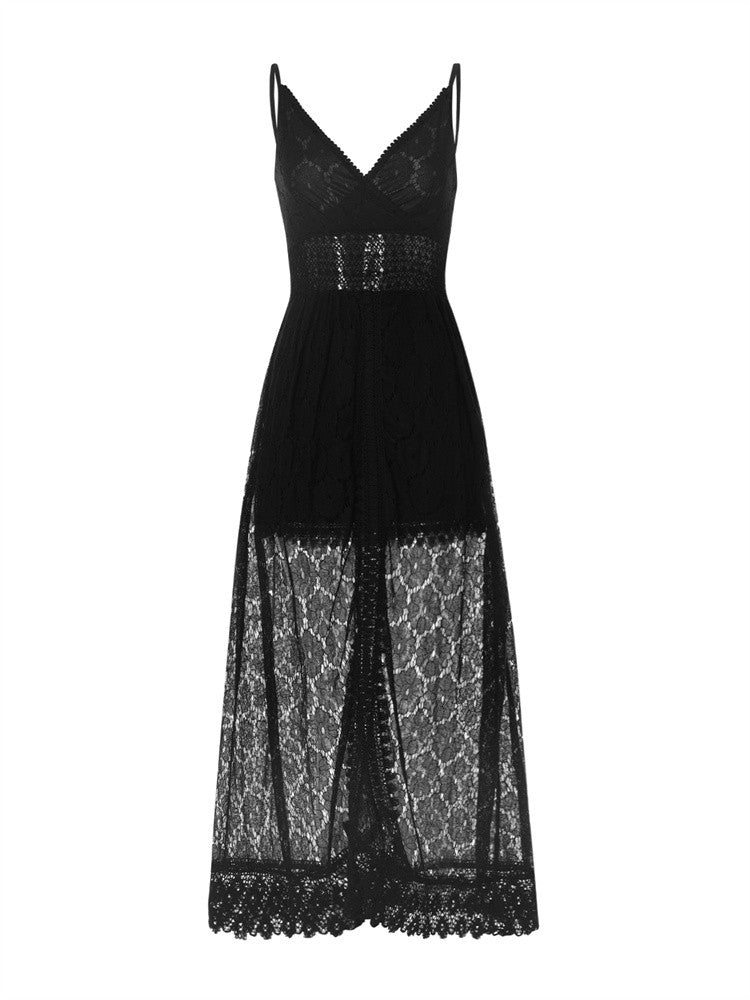 2025 Summer Women Lace Playsuit Dress Sleeveless V Neck Hollow Out Irregular Mid