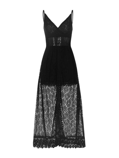 2025 Summer Women Lace Playsuit Dress Sleeveless V Neck Hollow Out Irregular Mid
