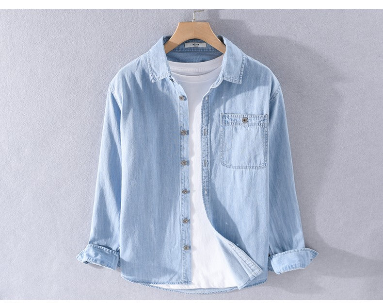 Spring Japanese Sle Loose Casual Long Sve Men's Denim irt Vintage Simple Outerwear Youth Faion Stand Fit Button up