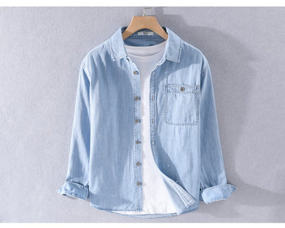 Spring Japanese Sle Loose Casual Long Sve Men's Denim irt Vintage Simple Outerwear Youth Faion Stand Fit Button up