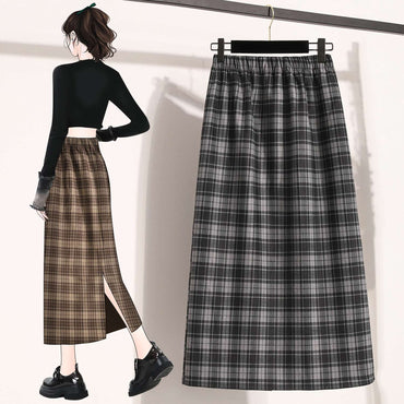 Plus Size Skirt Women 2024 Autumn Winter High Elastic Waist A Line Gray Or Khaki Plaid Skirt Korean Casual Long Skirts Womens
