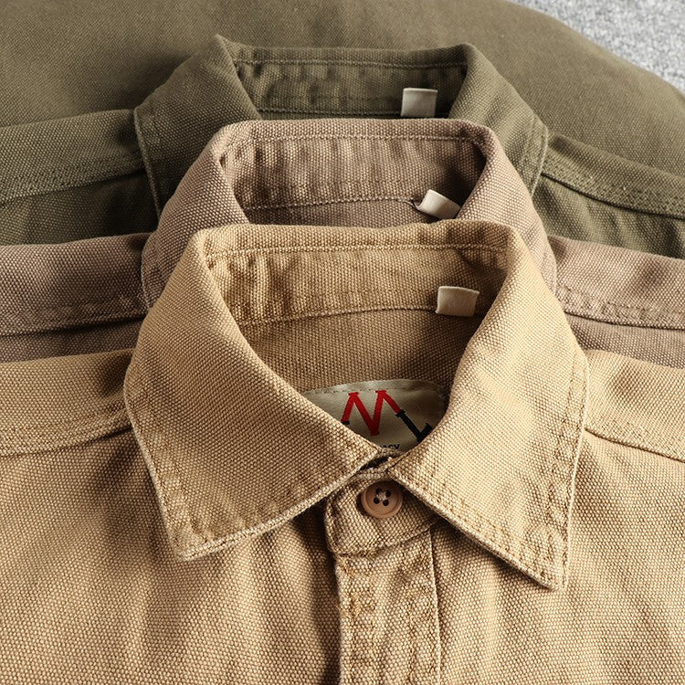 2025 Spring and Autumn New American Retro Woven Twill Cargo Shirt Men's Simple 100% Cotton Washed Double Pocket Causal Blousers