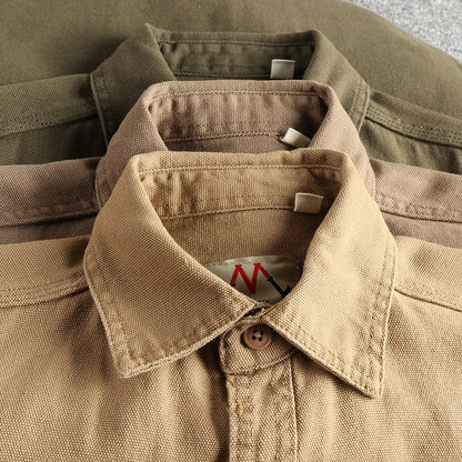 2025 Spring and Autumn New American Retro Woven Twill Cargo Shirt Men's Simple 100% Cotton Washed Double Pocket Causal Blousers