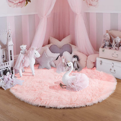 Pink Round Rug for Girls Bedroom,Fluffy Circle Area Rug for Kids Room,Furry Shaggy Carpet for Living Room100/120/140/160