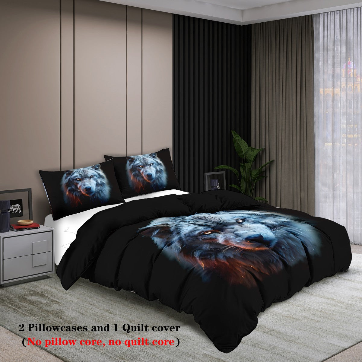 Conjunto de 3 peças, jogo de cama com estampa de lobo, queen, king, cama de casal, para quarto, quarto de hóspedes, hotel, decoração de casa