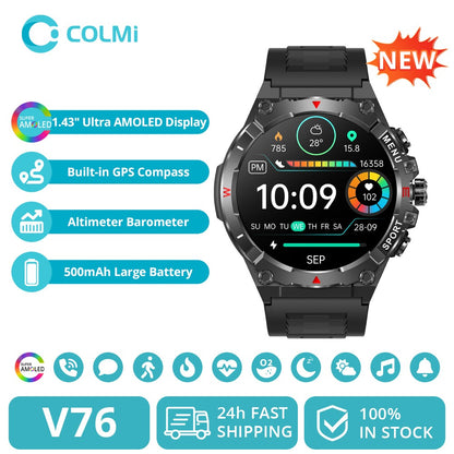 Smartwatch COLMI V76 GPS 2025 Tela AMOLED Ultra 1.43" Bússola e Altímetro Integrados Chamada Bluetooth Smart Watch Bateria 500mAh