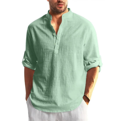 Autumn New Men's Cotton Linen Long Sleeve T-shirt Solid Color Henley Collar Lightweight Breathable Men's Casual Button Top
