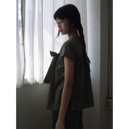 Vintage Plaid Shirts Women Japanese Harajuku Bow Peter Pan Collar Blouses Summer Korean Aesthetic Short Sleeve Casual Tops New