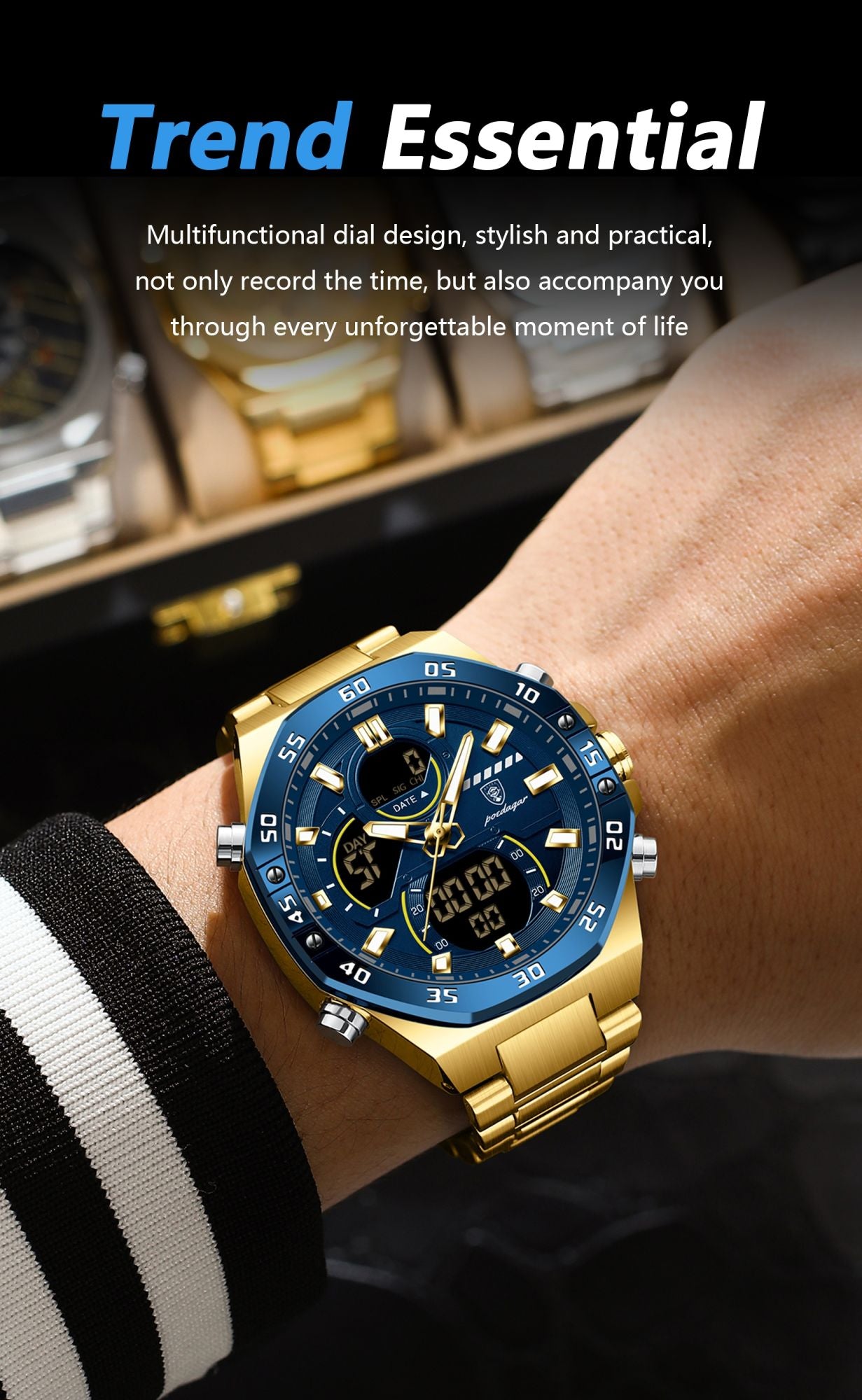 POEDAGAR Top Sport Men Clock LED Luminous Waterproof Week Date Man Watch Electronic Stainless Steel Fashion Quartz Men's Watches