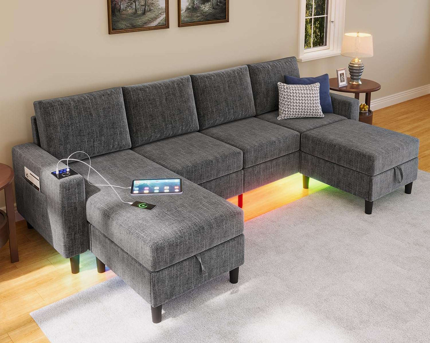 Smart Sectional Couches for Living Room, 4 Seat U/L Shaped Sectional Sofa with RGB Light/Charging, Modern Living Room Furniture