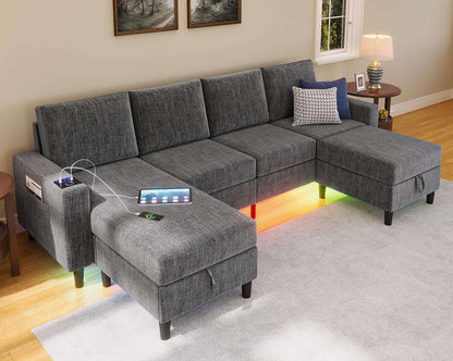 Smart Sectional Couches for Living Room, 4 Seat U/L Shaped Sectional Sofa with RGB Light/Charging, Modern Living Room Furniture