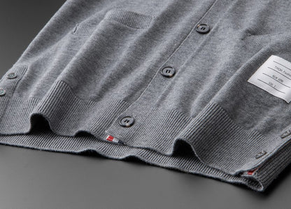 High end brand knitted cardigan men's spring and autumn new classic stripe trend Korean casual side slit V-neck sweater coat