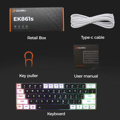 Teclado Mecânico com Fio DAREU EK861S RGB 61 Teclas Switches Vermelhos Keycaps ABS N-Key Rollover com Pés Magnéticos