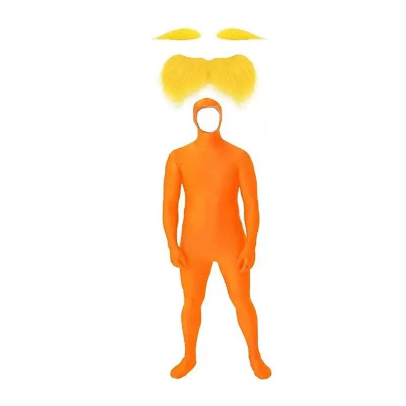 Halloween Orange Zentai Suit Open Face Full Body Bodysuit with Yellow Mustache Eyebrow for Adult Kid Cosplay Party Costume
