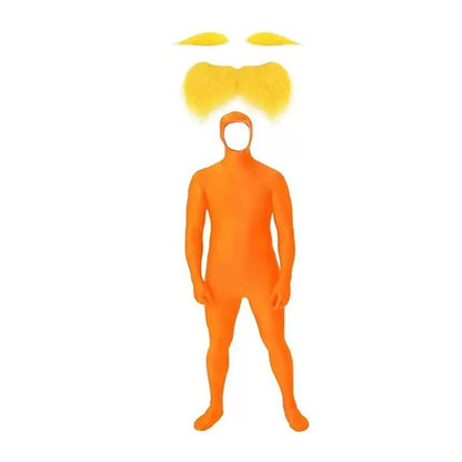Halloween Orange Zentai Suit Open Face Full Body Bodysuit with Yellow Mustache Eyebrow for Adult Kid Cosplay Party Costume