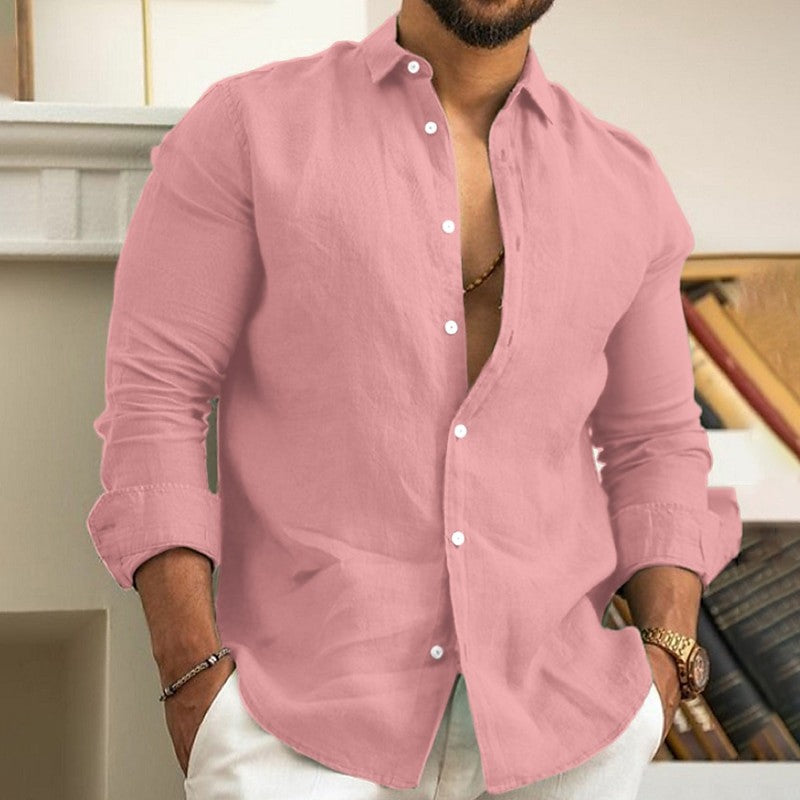 2024 Men's Linen Shirt Beachwear Button Casual Shirt Black White Pink Long Sleeve Solid Color Lapel Spring Summer Men XS-6XL