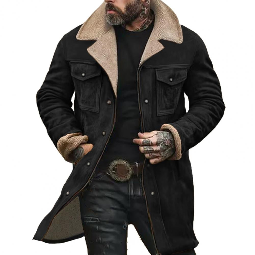 Autumn Winter Men Jacket Lapel Single-Breasted Mid-Length Coat Windproof Jacket Suede Multi Pockets Outerwear Men Clothing