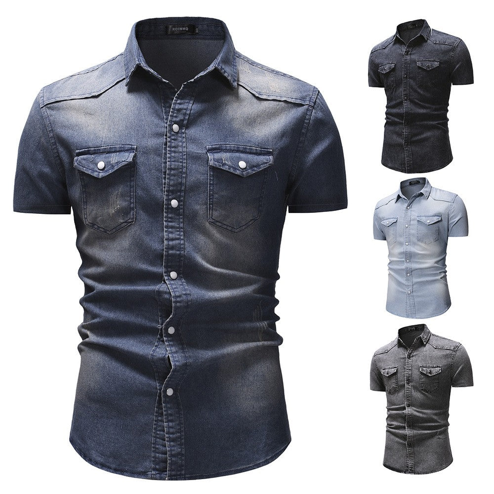 Men Denim Shirts Tops Shirt Short Sleeve Button Turn Down Collar Single Breasted Slim Fit Solid Simple Casual Splice Top 2024