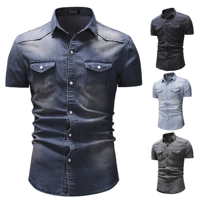 Men Denim Shirts Tops Shirt Short Sleeve Button Turn Down Collar Single Breasted Slim Fit Solid Simple Casual Splice Top 2024