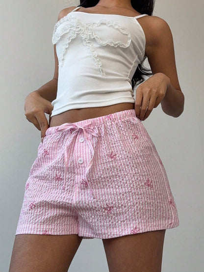 Sexy pink shorts, summer vacation style beach pants, polyester wide leg hot pants for women