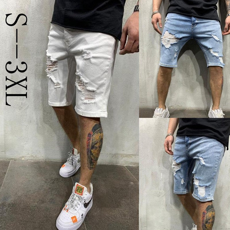 2024 Ripped tassel denim shorts New  Summer Men's Personalized Washable Perforated Denim Pants Large Casual Middle Pants